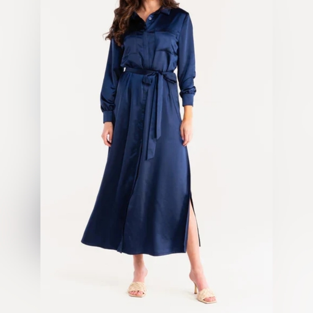 S'EDGE Vesper Satin Shirt Dress In Blue Size Medium.